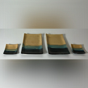 BEAUTIFUL Pottery Sushi Set 2 Place Setting w/ Plate and Soy Sauce Dish Beach